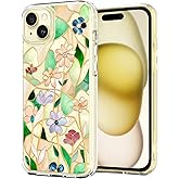 Unov Case for iPhone 15 Case Clear with Design Embossed Floral Pattern Soft TPU Bumper Slim Protective 6.1 Inch (Stained Glass Flower)