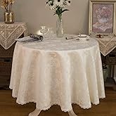 GLORY SEASON Round Tablecloth Waterproof Spillproof Lace Trim Damask Fabric Table Cloth for Wedding Kitchen Dinning Tabletop Decoration,Table Cover for Outdoor and Indoor, 70 Inch Round, Ivory White