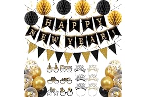 HEYPRIIL Happy New Year Eve Party Supplies 2026– Complete New Years Decorations Set with Happy New Year Banner, Black & Gold Triangle Flag, Headbands, Hanging Swirls, Honeycomb Balls & Balloons