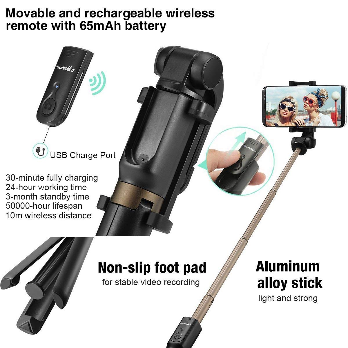 Bluetooth Bastone Selfie Treppiede con remoto per iPhone 7 7 plus 6 6s 6s plus Samsung Galaxy s7 edge Huawei p9 lite Android 3.6-6inch Smartphone Schermo - BlitzWolf 2 in 1 Estensibile Mini Selfie Stick Rotazione di 360 gradi
