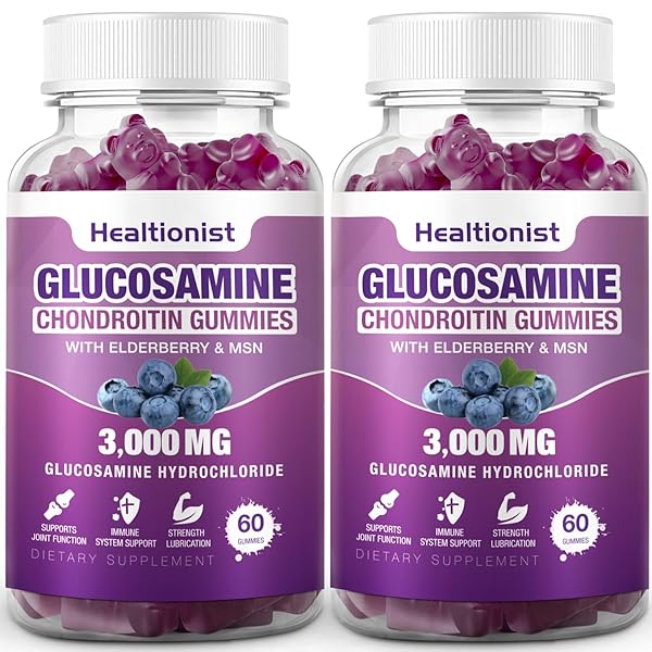 HEALTIONIST 2 PACKS 3000MG GLUCOSAMINE CHONDROITIN GUMMIES WITH MSM & ELDERBERRY – EXTRA STRENGTH JOINT HEALTH, FLEXIBILITY, ANTIOXIDANT IMMUNE SUPPORT SUPPLEMENT GUMMY FOR ADULTS, MEN & WOMEN 120 CTS