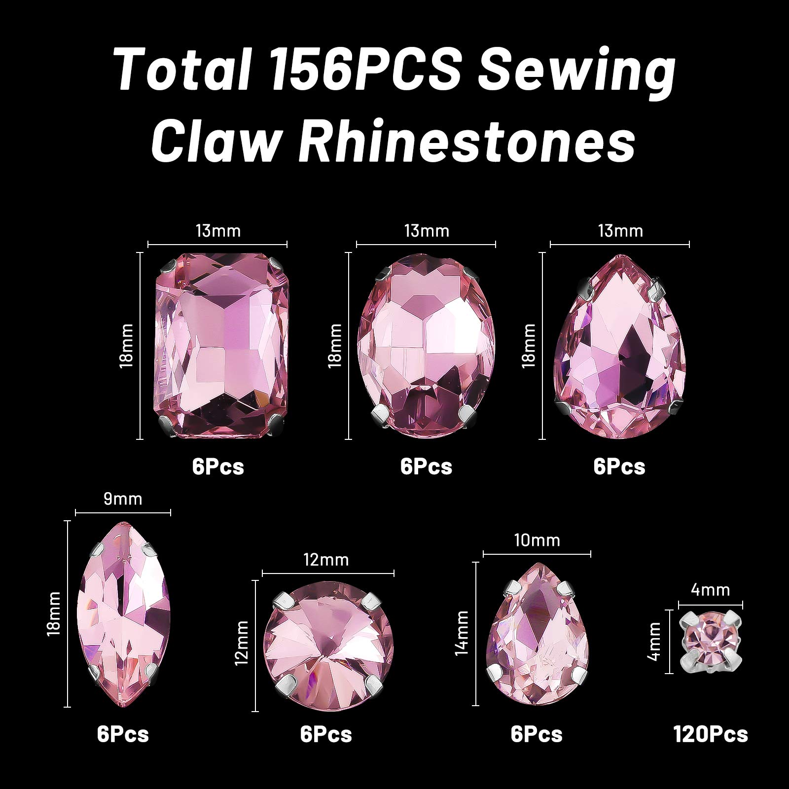 WILLBOND 156 Pcs Sew on Rhinestones Claw Flatback Crystal Rhinestones Metal Prong Setting Gems Acrylic Glass Sewing Gems for Clothes DIY Craft Shoes Dress Jewelry Making(Light Pink)