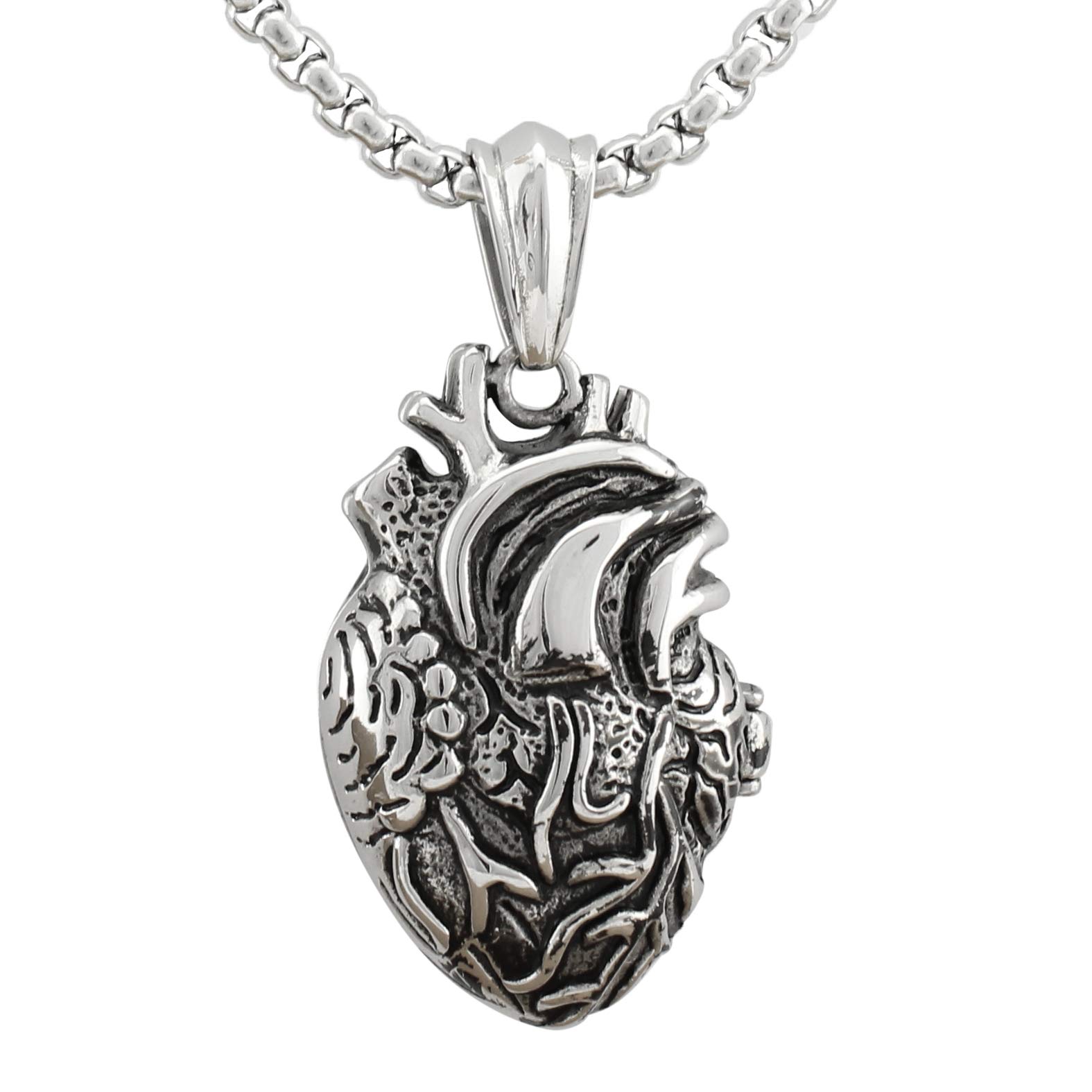 Serebra Jewelry 3D Anatomical Heart Pendant Necklace made of stainless steel in silver black gold women men unisex (silver large)