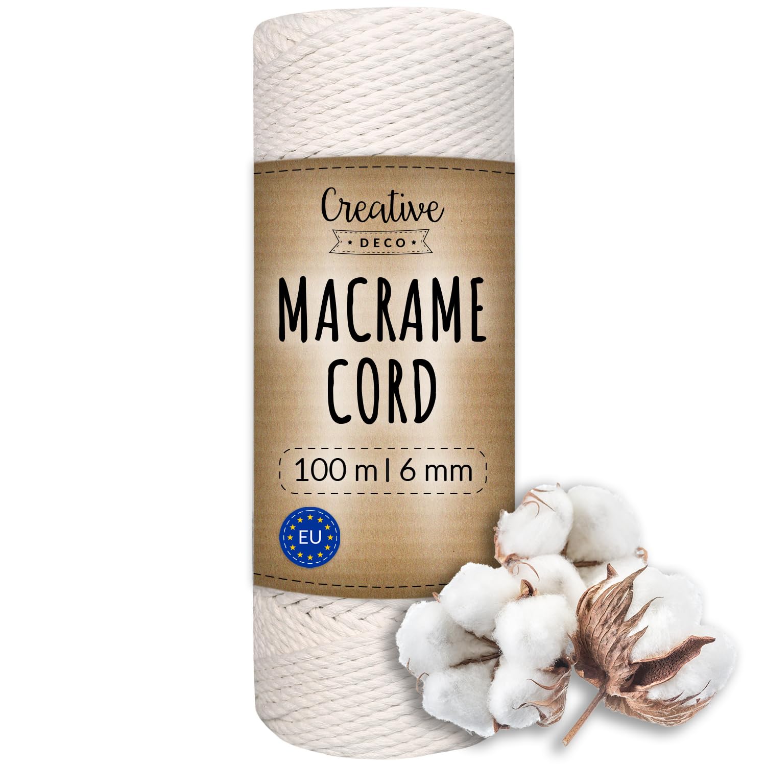 Creative Deco 328 Feet White Macrame Cord | 300m | 6mm Thick | Cotton Rope 37 Ply String Yarn Twine Elastic Cord | for Easter, Art and Craft, DIY, Knitting, Gift Wrapping, Wall, Plant Hanger | Strong