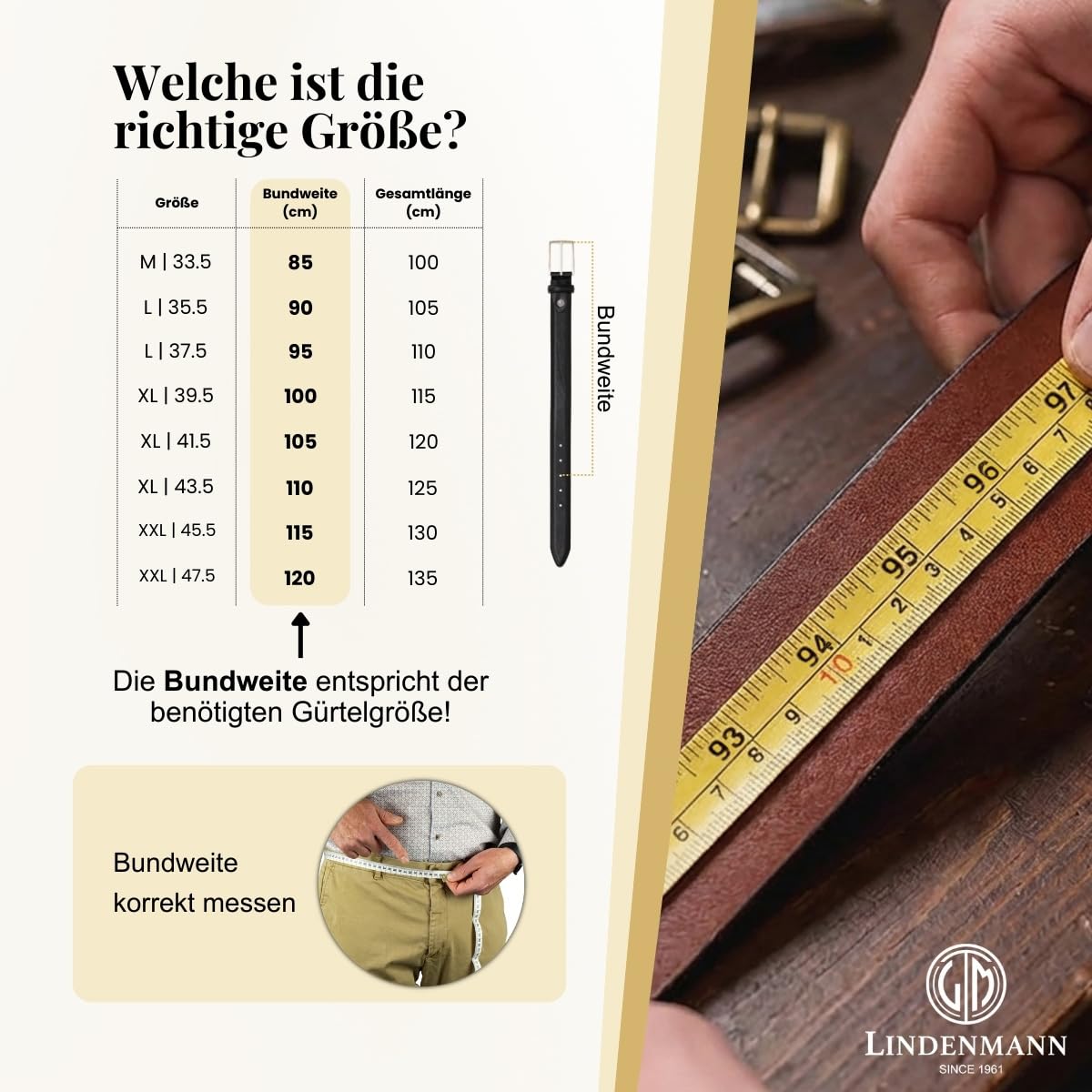 LINDENMANN Leder-Gürtel Herren 40 mm breit, Gürtel Herren Vollledergürtel aus Büffelleder braun 6