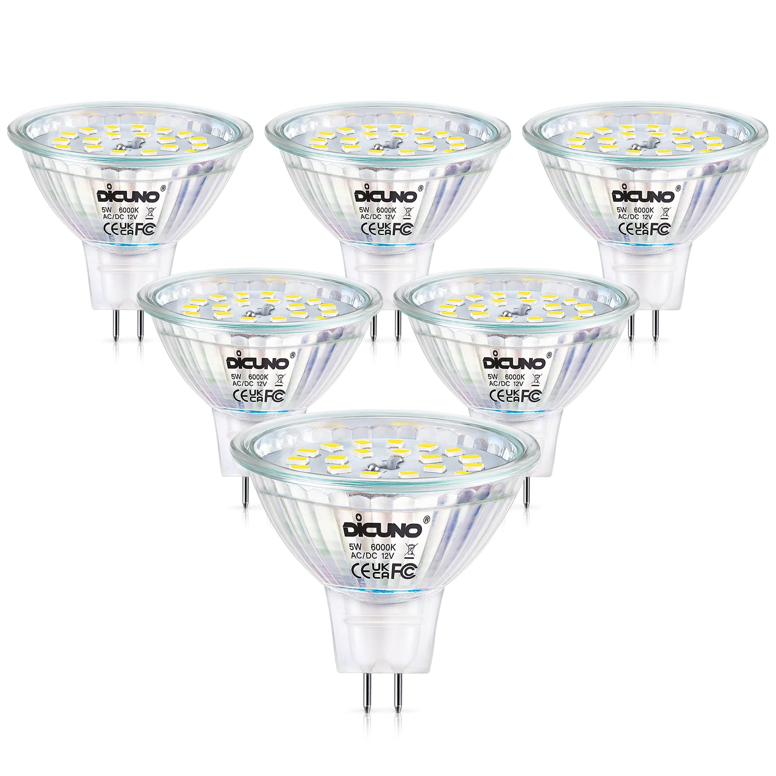 DiCUNO MR16 LED Light Bulbs, GU5.3 Spotlight Bulb Dimmable, 12V DC 5W Equivalent to 50W Halogen, Cool White 6000K, 500LM, 120° Beam Angle Bi-Pin Base Track Light, 6 Packs