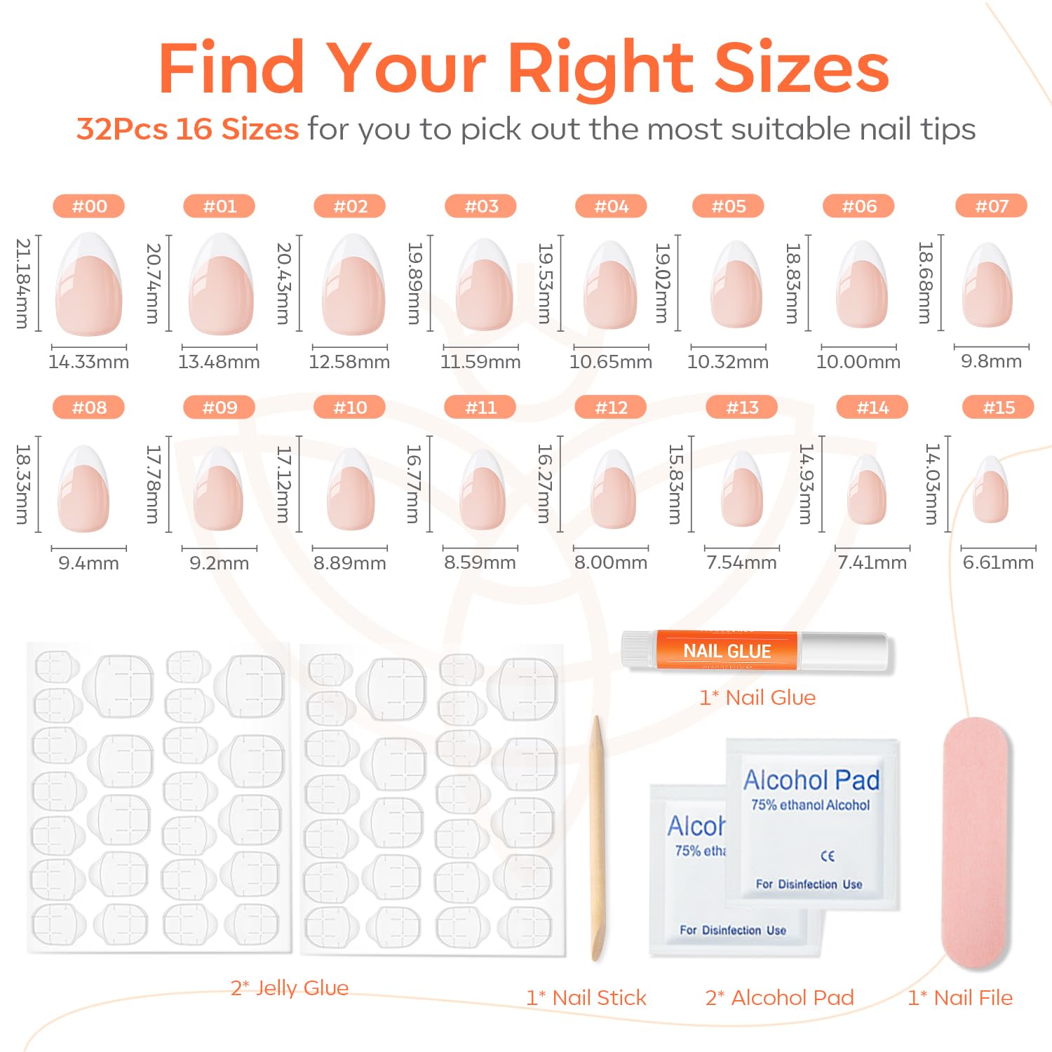 Modelones French Tip Press on Nails Almond, Short Almond Fake Nails, Reusable Nail Kit with Nail Glue Adhesive Tabs Mini Nail File, Nails Press Ons 32Pcs 16 Sizes - Image 3