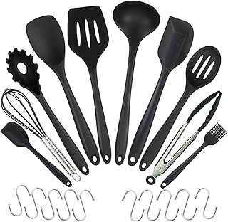 WisFox 20 Stück Silikon-Küchengeräte, Kochgeschirr Stücke Silikon-Geschirr Küchenhelfer Set, Antihaft-Küchenbackwerkzeuge 10 Sätze + 10 S-Haken -Schwarz