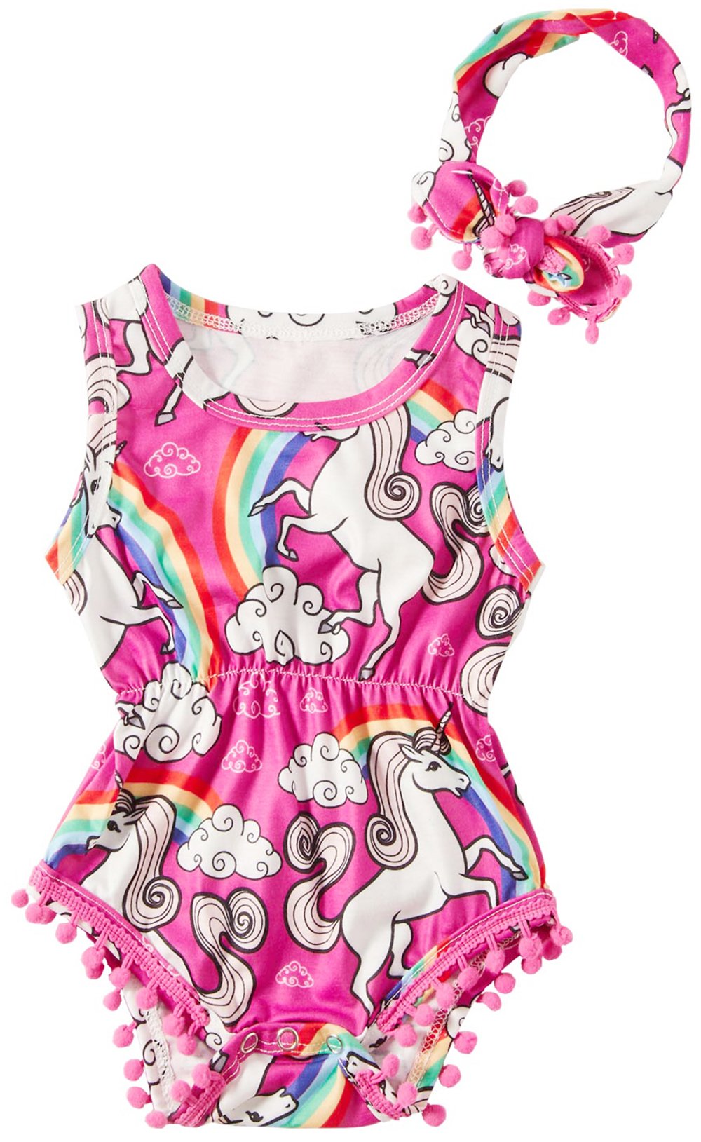 Leapparel 6-12 Months (Size 90) Baby Girls Printed Rainbow UnicornRose red Outfit First Birthday Rompers with Headband Long Sleeve Children Clothes ,Unicorn,3-6Months (Size 80)