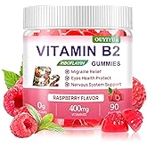Vitamin B2 Gummies Riboflavin 400mg Supplement with Magnesium for Kids & Adults B2 Gummies for Migraine Relief, Headache Relief & Nervous System Support, Vegan, Sugar-Free, Raspberry Flavor 90 Count