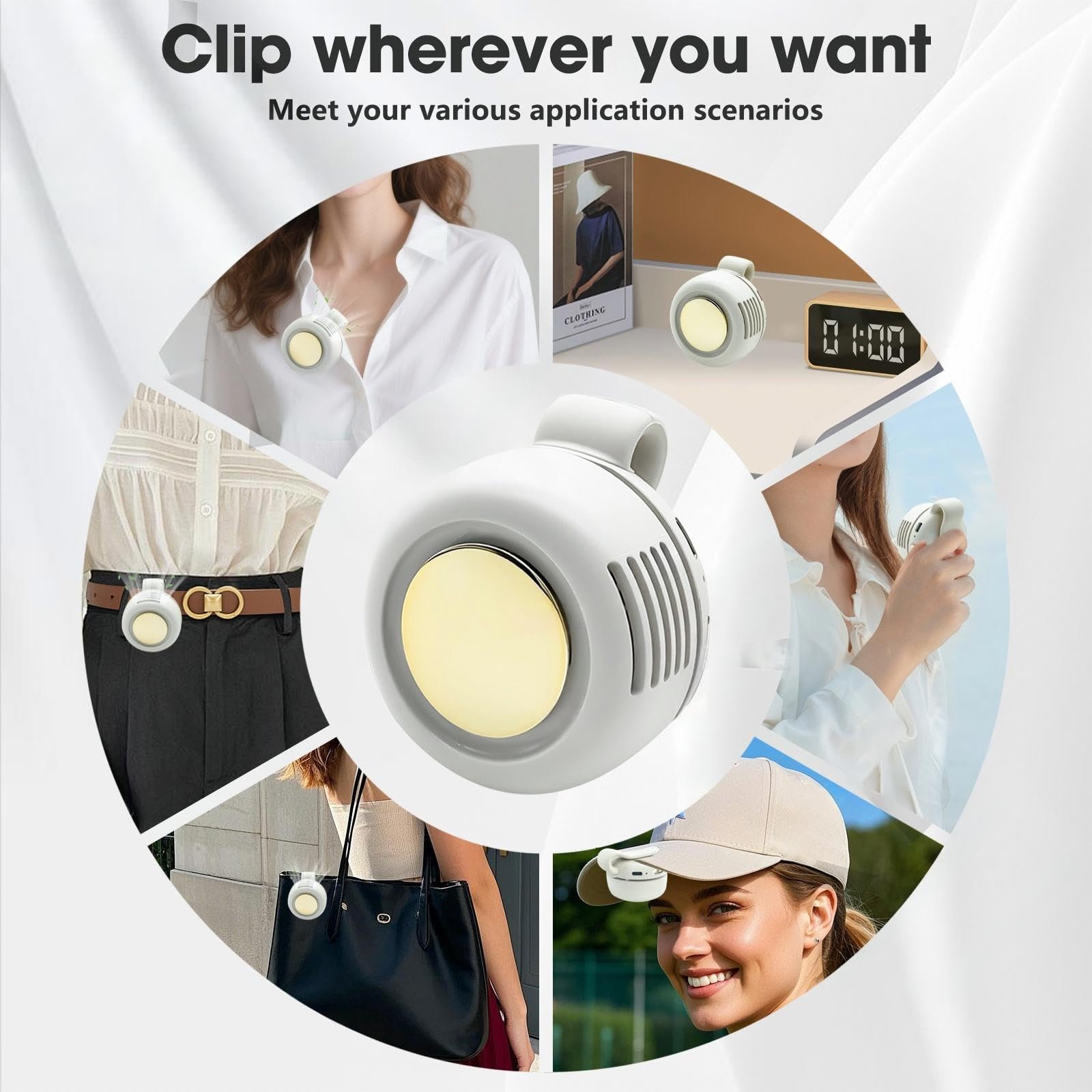Portable Silent Mini Bladeless Fan Clip On,2025 Upgrade Adjustable 3-Speed Suspended Fans for Waist Neck,Whirlwind Bladeless Fan for Outdoor & Travel & Office, Travel Accessories(White)