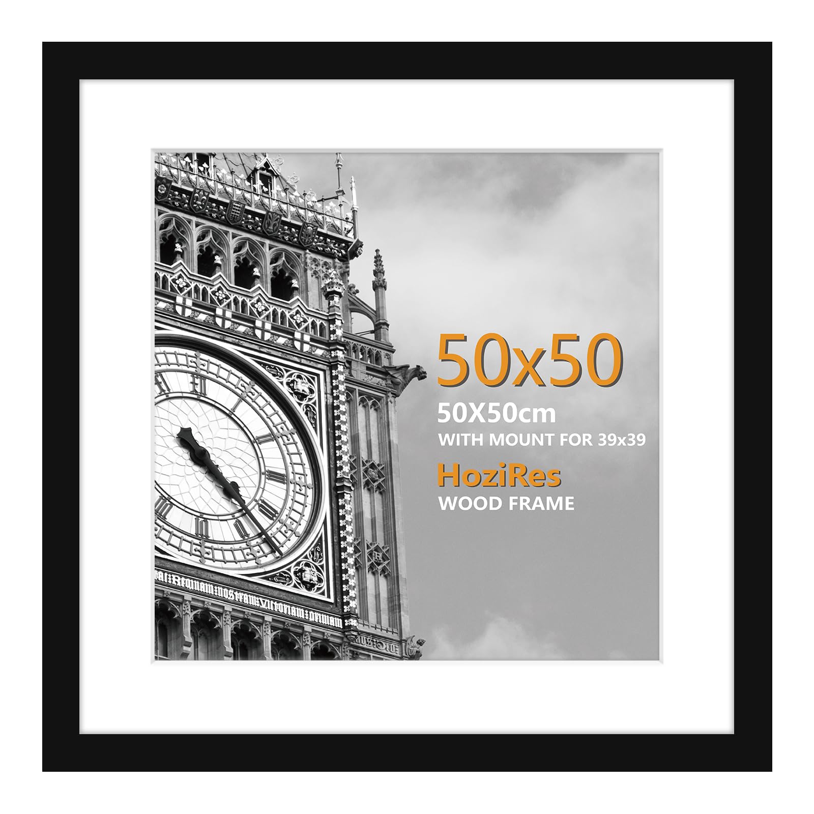 HoziRes 50x50cm Frame Square Picture Frames, Wooden Picture Frames with Plexiglass Front, Black Photo Frames for Wall Mounting, 19.4 x 19.4 inch Poster Frames with Mat for 39x39cm Printing