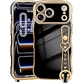 LLZ.COQUE for iPhone 17 Pro Max Case for Women Girls Wave Frame Strap Cute Love-Heart Luxury Plating Cover Raised Camera Protection Shockproof Silicone Phone Case for iPhone 17 Pro Max, Black
