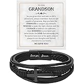 To My Grandson Cross Leather Bracelet, Grandson Bracelet From Grandparents Grandson's Eternal Guardian Faith Bracelets Nephew Guy Friends Inspirational Engraved Message Wristband for Birthday, Christmas, Graduation