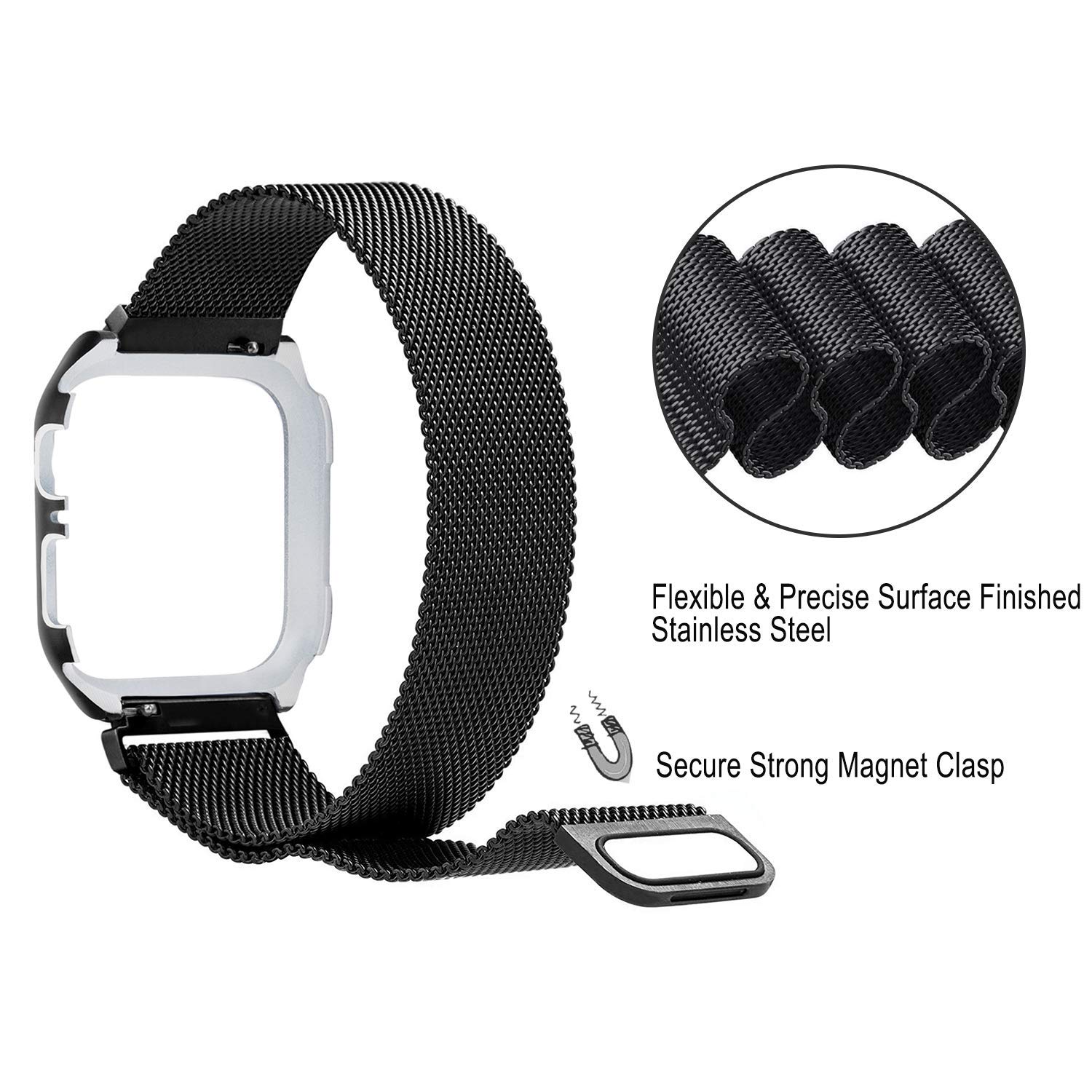 for Apple Watch 40mm Band with Case, Stainless Steel Mesh Milanese Loop with Adjustable Magnetic Closure Replacement Wristband for Apple Watch Series 4 (Black, 40MM)
