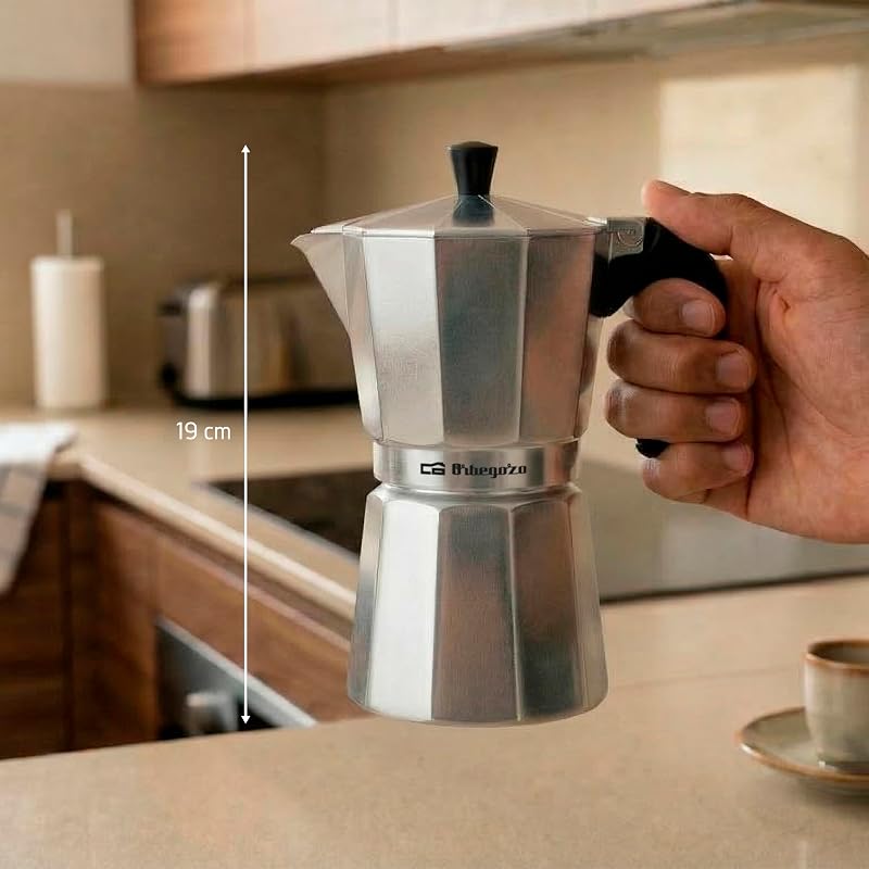 Orbegozo KF 600, cafeteira italiana, capacidade para 6 xícaras, adequada para fogão a gás, elétrico e cerâmico, punho ergonômico, válvula de segurança, interior fácil de limpar, cor prata