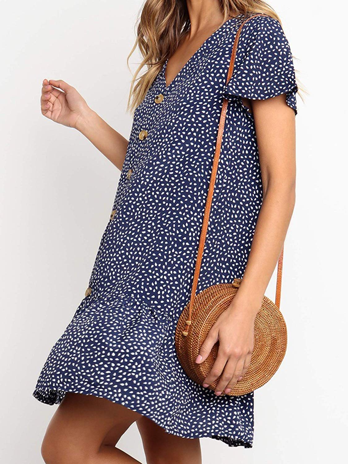 Women\'s Polka Dot Ruffles V Neck Button Down Casual Loose Swing Short Mini T-Shirt Dress Blue