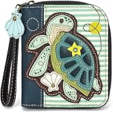 CHALA Zip Around Wallet, Wristlet, 8 Credit Card Slots, Sturdy Pu Leather - Turtle A - teal stripe