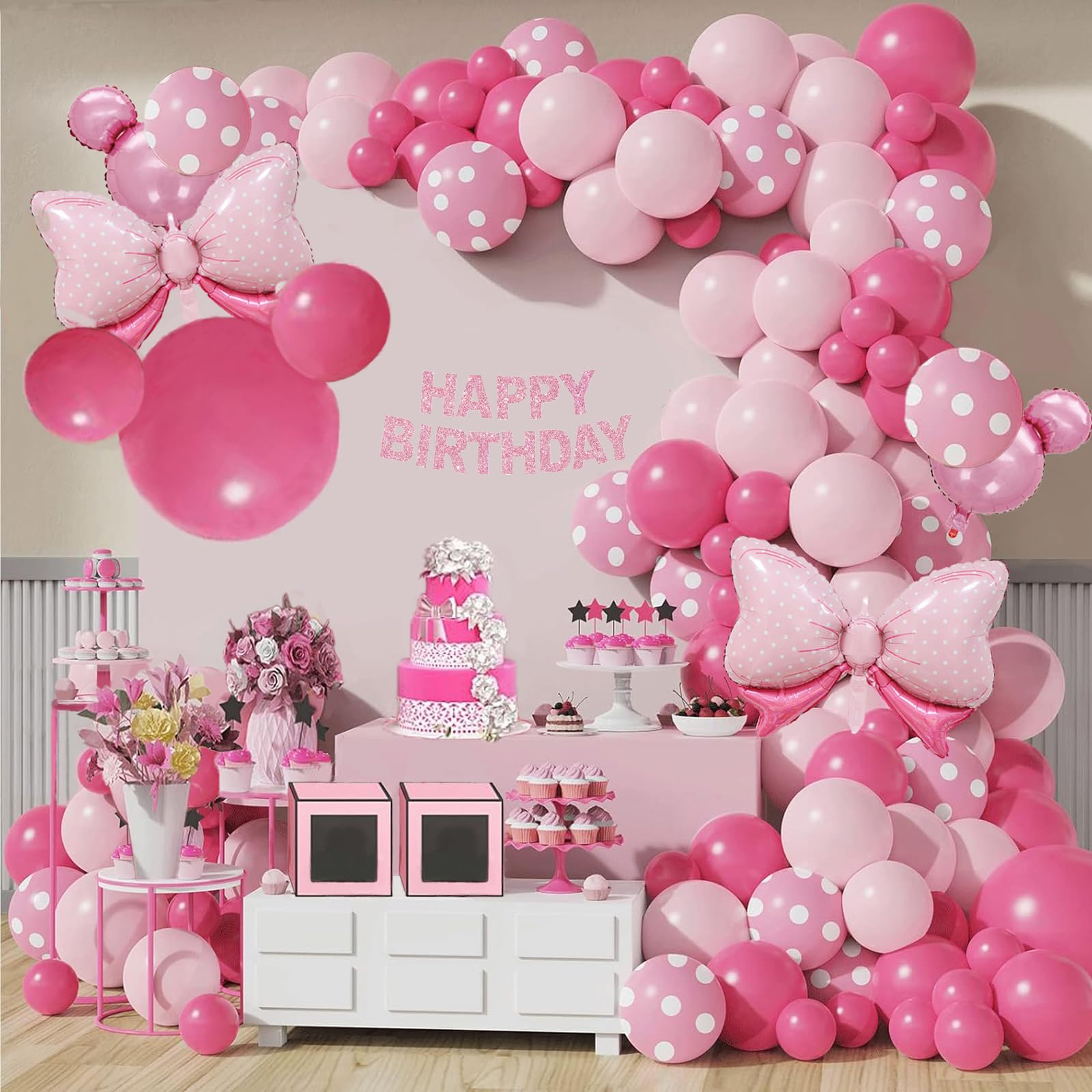 Photo 1 of 120 PCS Pink Mouse Balloon Arch, Oh Twodles Birthday Party Supplies for Girls, Cute Bow Balloon Arch for Birthday Party, Red and Pink Balloons for Baby Shower Decorations