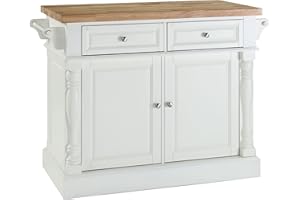 Crosley Furniture Oxford Butcher Block Kitchen Island, Microwave Stand, with Storage Shelves and Drawers, White