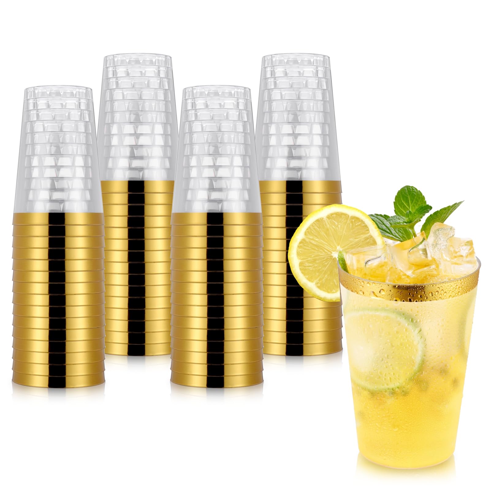 Hejo 60PCS Gold Rimmed Plastic Cups, 360 ml-12oz Plastic Glasses, Plastic Wine Glasses Reusable for Cocktail, Champagne, Beer, Martini, Dessert