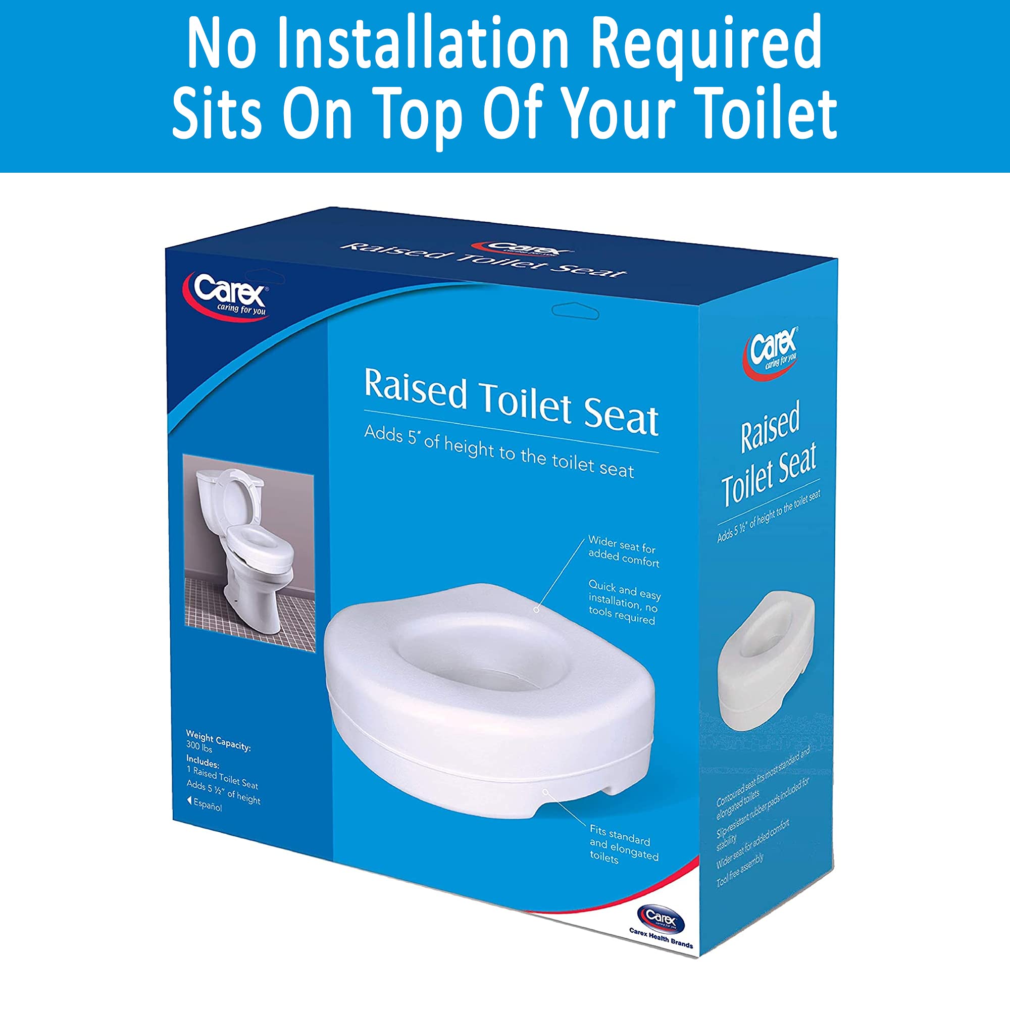 Carex Toilet Seat Riser, Adds 5 Inches of Height, Elevated and Raised Toilet Seat with 300 lbs Capacity, Standard Riser for Elderly and Handicap, Universal, Slip-Resistant, White