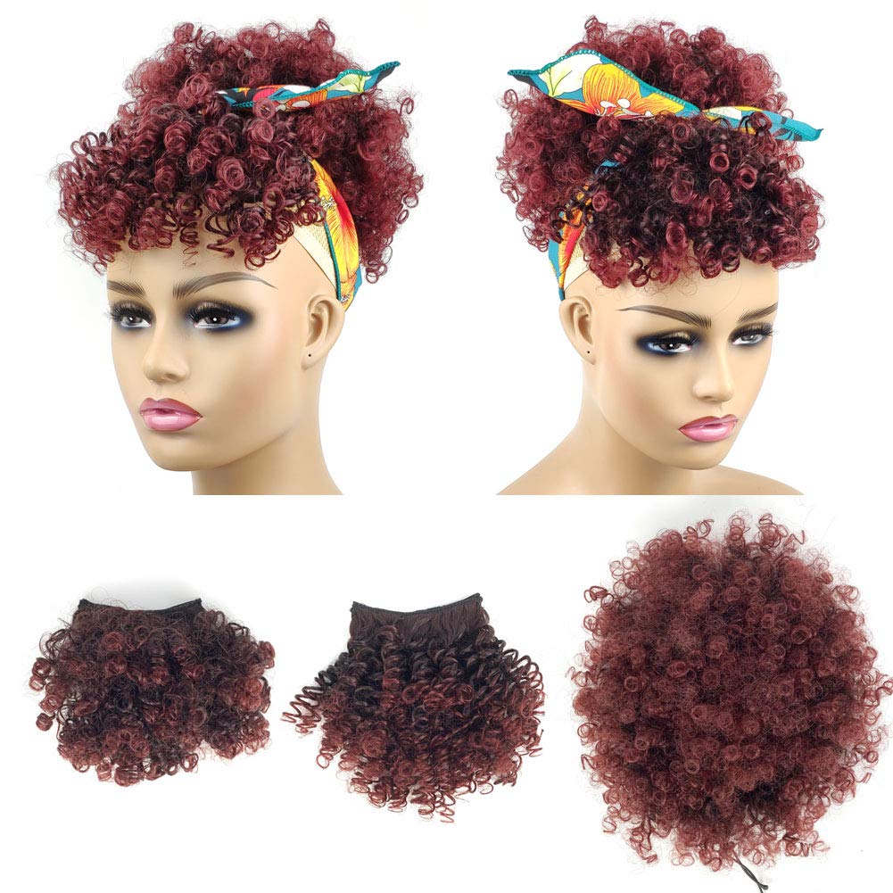 Afro Puff Drawstring Ponytail with Bangs Pineapple Updo Hair for Black Women,Short Kinky Curly Ponytail Bun with 2 Bangs(#1B/BUG) — image 1