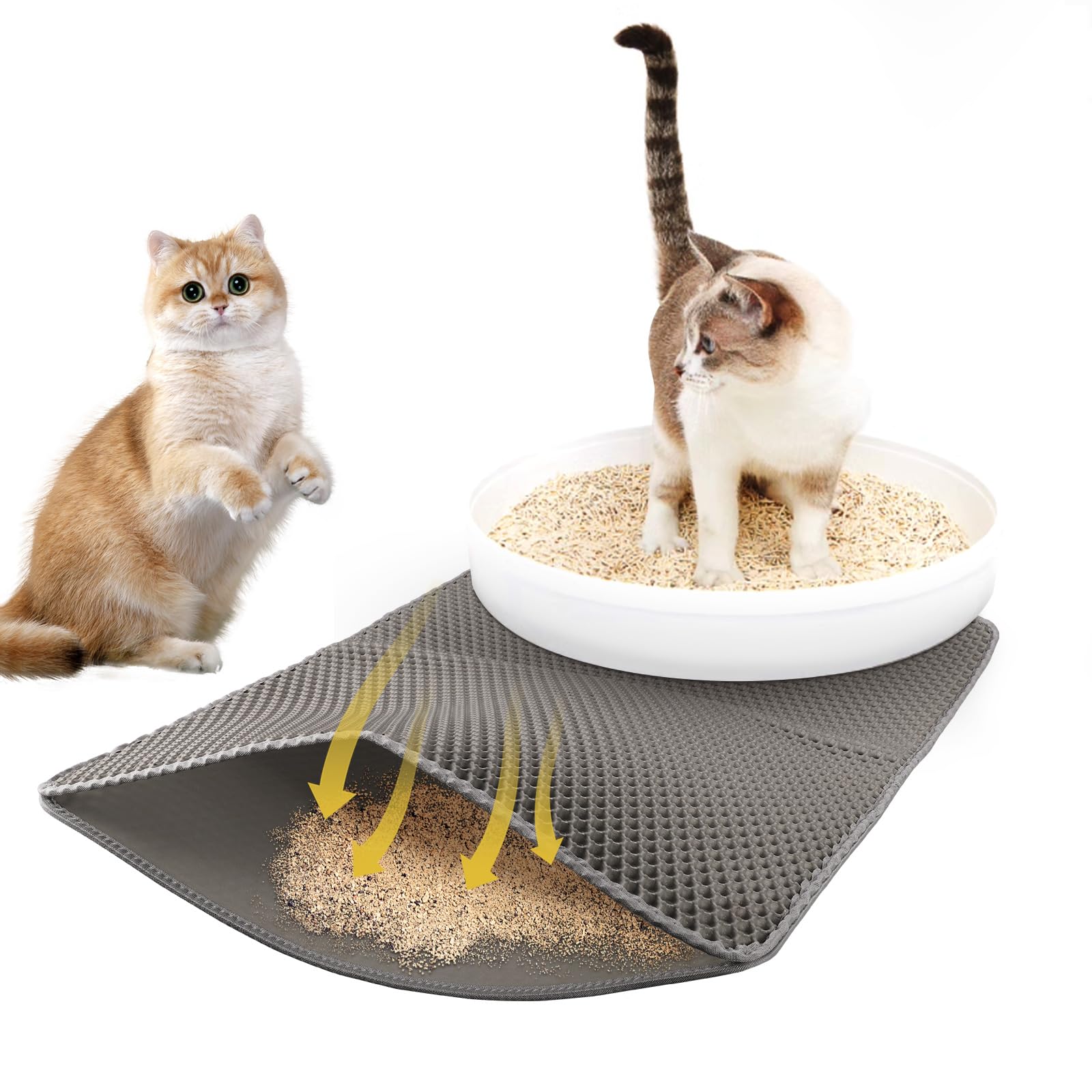 Cat Litter Mat, 60 x 90 cm Large Size Double Layer Litter Tray Mat with Honeycomb Design, Nonslip Waterproof Urine Proof EVA Material, Easy Clean, Litter Trapping Mat, Gray