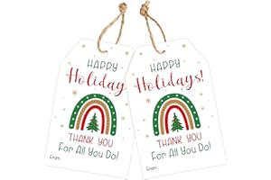 joycraft 50Pcs Happy Holiday Gift Tags with String - 3.3x2.1 in Thank You for All You Do Hangtags, White Christmas Paper Tags for Gift Wrapping, Bags, DIY Craft, Xmas Decor