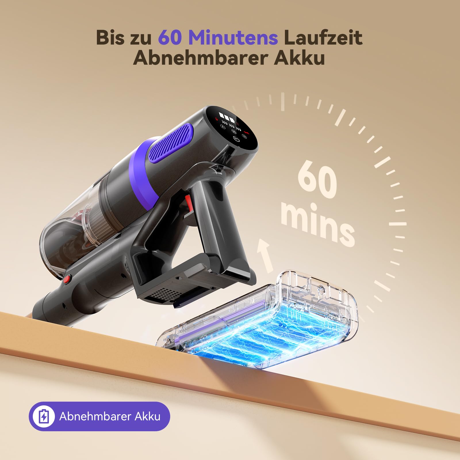 TechRise Akku Staubsauger 45000Pa/500W/60Min, Anti-Tangle-Bürste & 8-in-1-Funktion (Selbststehend) Staubsauger Kabellos mit Display, Stielstaubsauger für Zuhause, Tierhaare/Teppiche/Hartböden 5