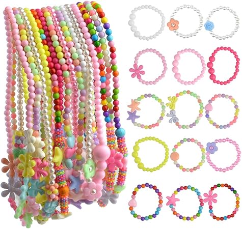 Amazon Obmwang プリンセスネックレスブレスレットセット 30個セット 小さな女の子用コスチュームジュエリー 子供用ドレスアップ ごっこ遊びパーティー記念品 ブレスレット おもちゃ