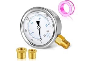 MEANLIN MEASURE 0~300Psi Stainless Steel 1/4" NPT 2.5" FACE DIAL Liquid Filled Pressure Gauge WOG Water Oil Air Lower Mount, with 1/2" NPT and 3/8" NPT Hex Bushing