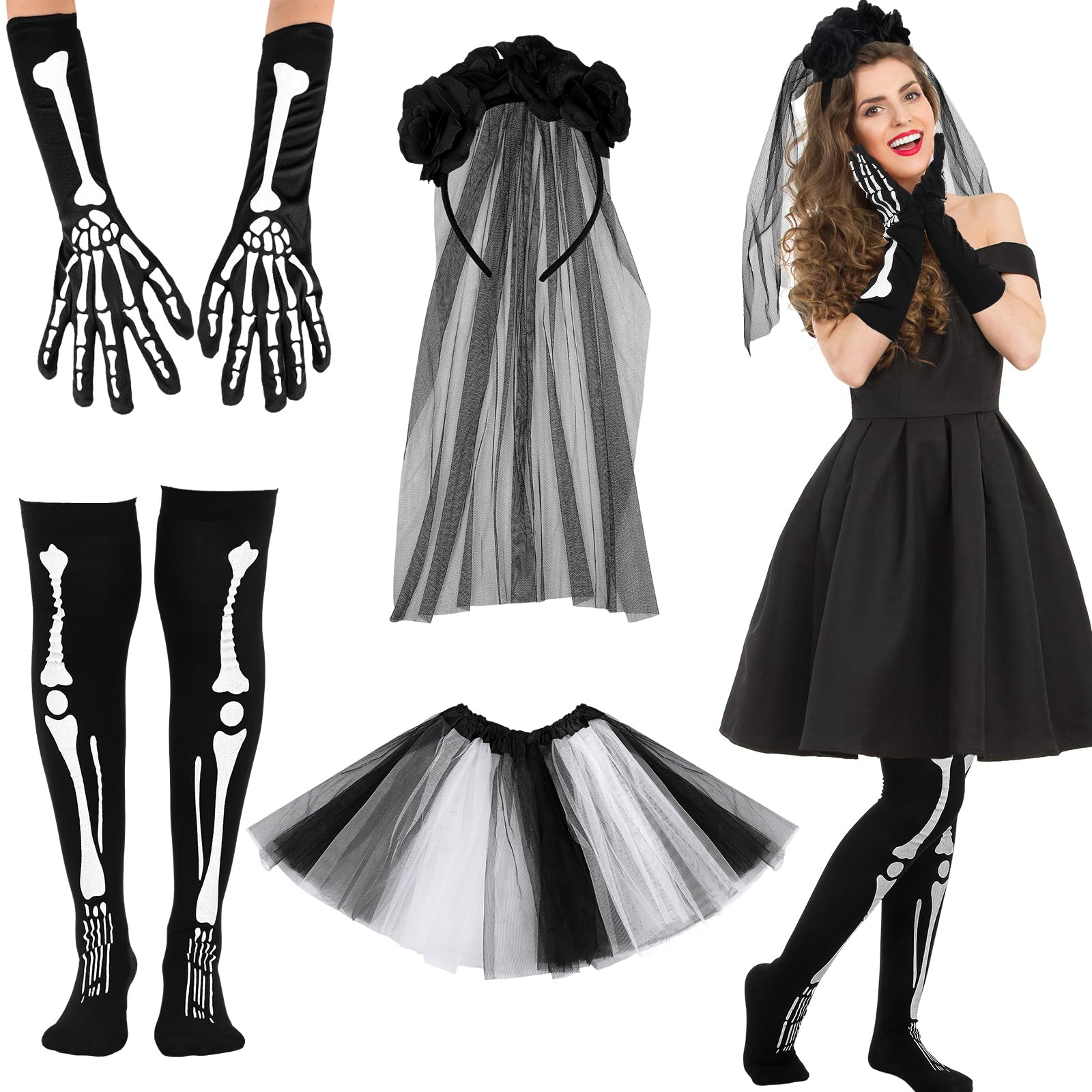 Hicarer 4 Pcs Halloween Day of the Dead Costume Set Women Include Skeleton Gloves Socks Gothic Bride Black Veil with Flowers Costumes Tutu for Adults Halloween Parties Accessories