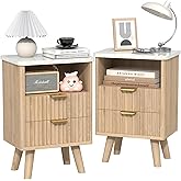SFDOU Wooden 23Inch Fluted Nightstand Set of 2, Natural Oak Bedside Table with Drawer and Storage, Wood Mid Century Modern Nightstand with Drawers, Large Night Stand for Bedroom