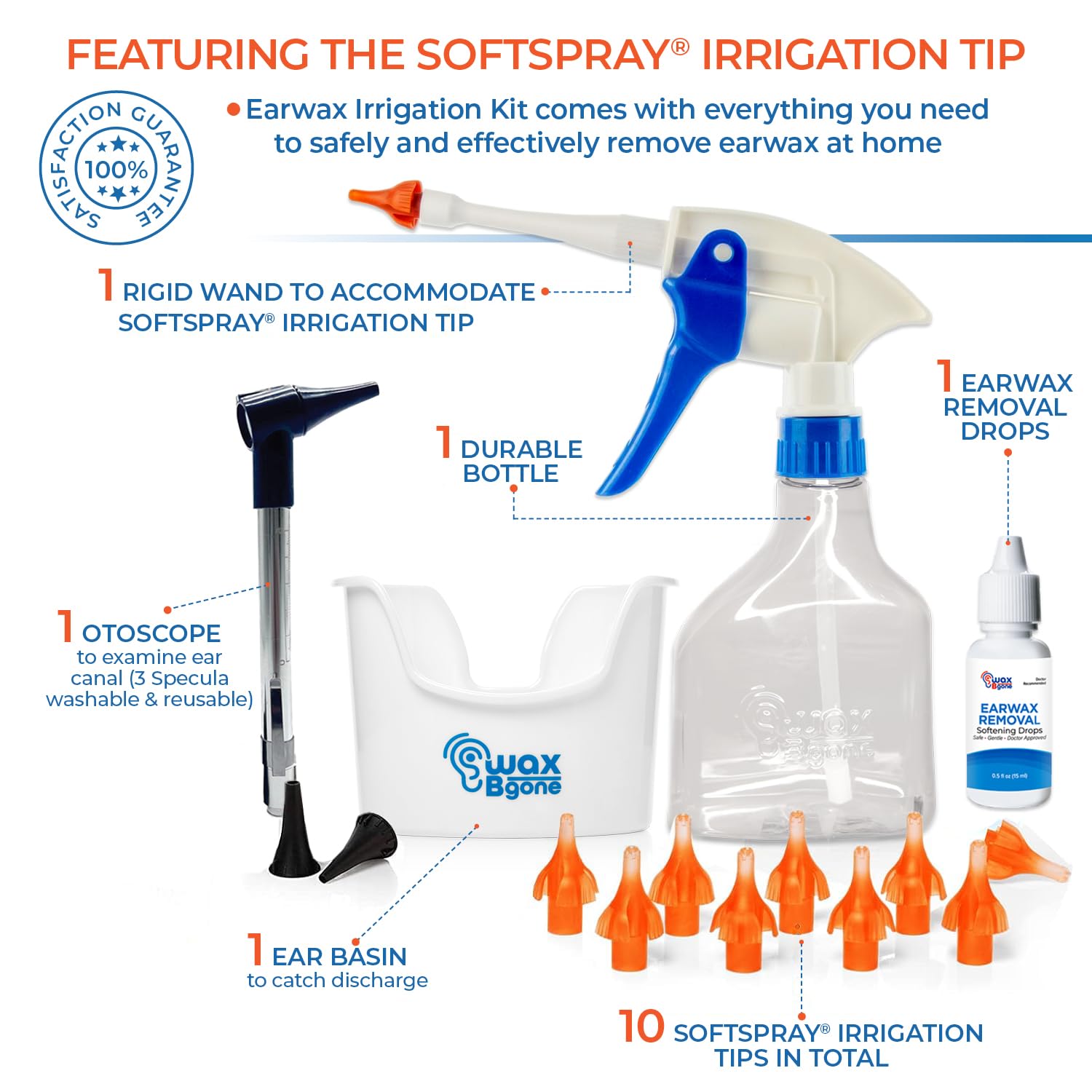 waxBgone Earwax Removal Kit - Fast, Gentle, and Effective Ear Wax Removal Kit – Dissolve and Remove Earwax at Home - Includes Earwax Softening Drops, 10 SoftSpray Reusable Irrigation Tips, Otoscope