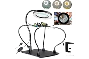 KUVRS 10X Magnifying Glass with Light and Stand, Flexible Magnetic Helping Hand, Large Base & Clamp Magnifying Lamp, 3 Color Adjustable Arm Desk Magnifier with Light for Soldering Craft Hobby