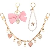 LuneClat 3Pcs Heart Pearl Purse Extender Chain - Gold Replacement Bag Charm with Enamel Flower, Pink Bow Peal Keychain for Women Crossbody Handbags Purses Making Accessories