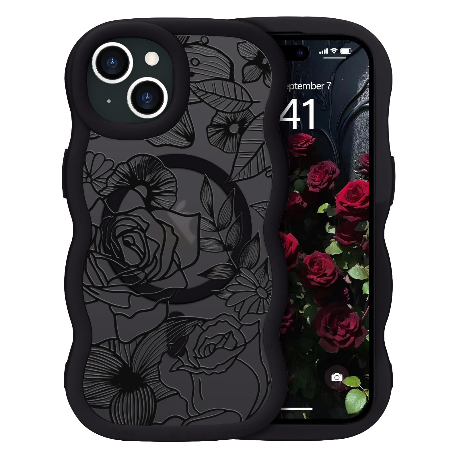 L-FADNUT for iPhone 14/13 Case Compatible with Magsafe Cute Curly Wave Frame Case with Flower Pattern for Women Girls, Clear Slim Protective Phone Cover for iPhone 14/13 6.1 inch Black