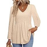 Tankaneo Womens Long Sleeve Shirts V Neck Loose Fit Tunic Tops Babydoll Peplum Top Flowy Dressy Casual Blouse Eyelet T-Shirt