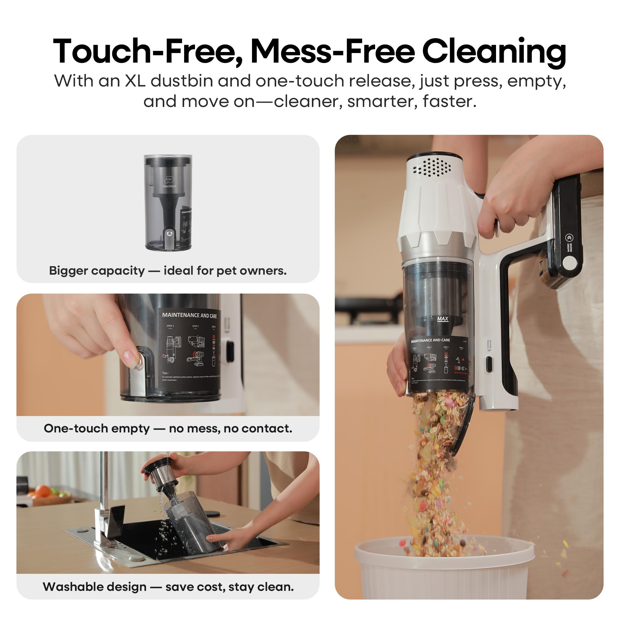 ElecKeys Cordless Vacuum Cleaner, 580W 48KPA 65Mins Vacuum Cleaners for Home, Self-Standing Anti-Tangle Vacuum with LED Display, Rechargeable, Lightweight, Cordless Vacuum for Floors/Pet Hair/Carpets