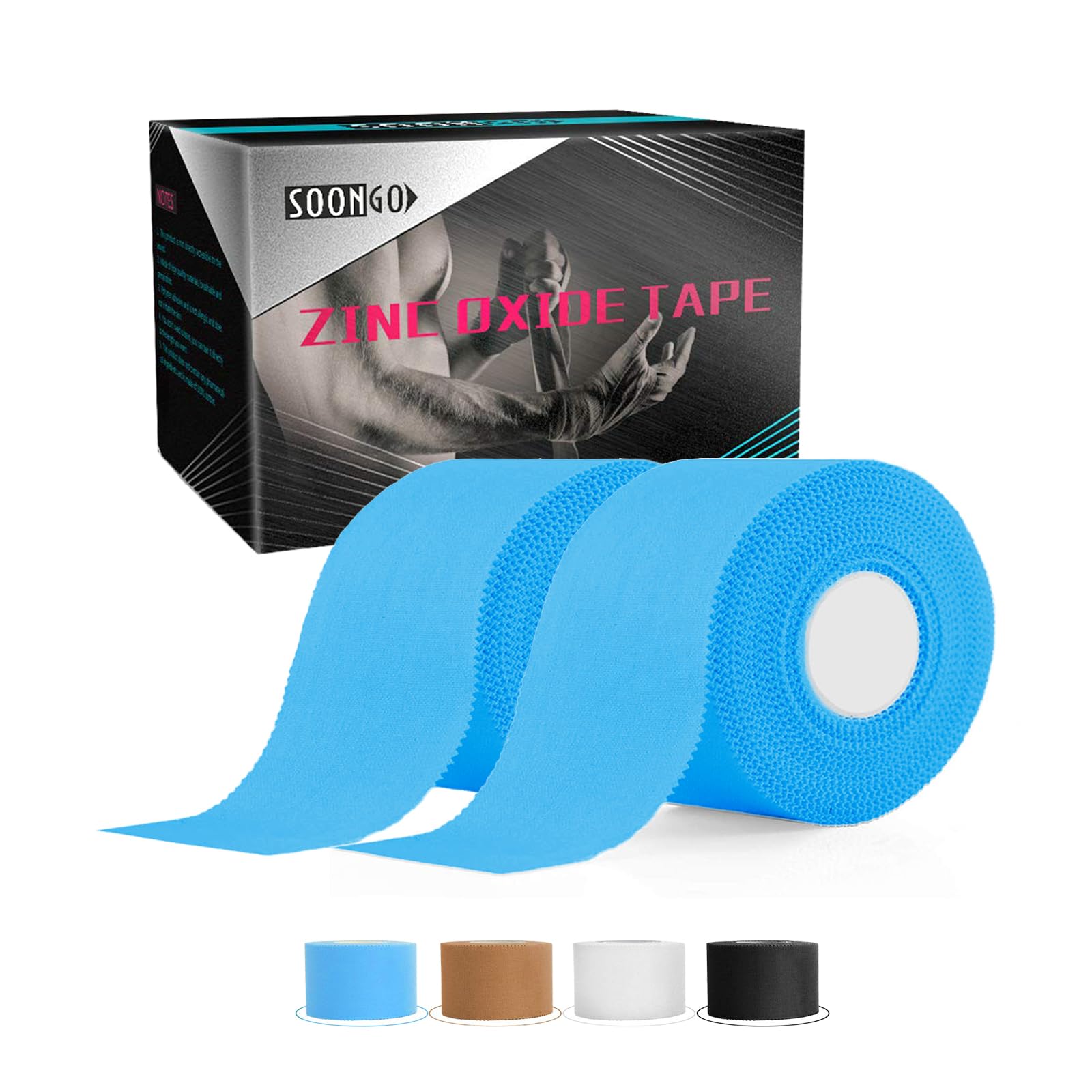 SOONGO Zinc Oxide Tape 3.8cm x 10m Blue 2 Rolls Sports Strapping Athletic Tape Inelastic Provide Maximum Support Fixed Joint Good Viscosity Hypoallergenic