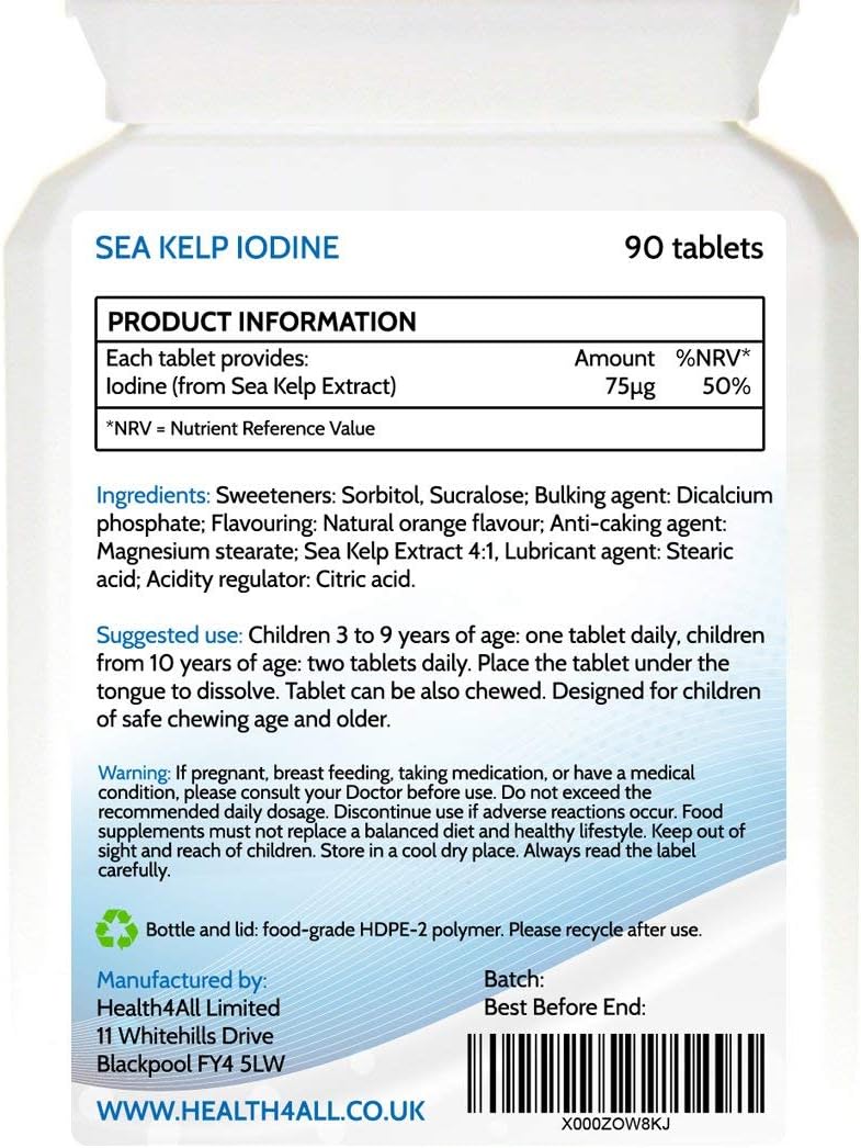 Health4All Kids Sea Kelp Iodine 75mcg 90 Chewable Tablets 3 Months Supply, Natural Vegan Iodine Supplement for Children 3+ - Image 3