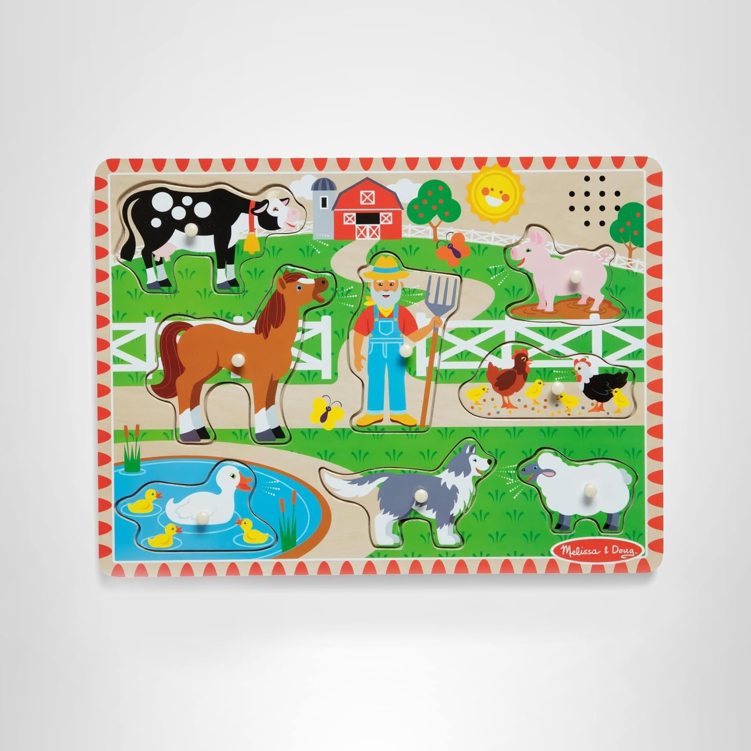 Melissa & Doug Old MacDonald's Farm Song Puzzle – 8-Piece Wooden Peg Puzzle with Light-Activated Sounds, Music Learning Toy for Toddlers and Preschoolers Ages 2+