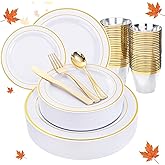 IOOOOO 150Pcs Gold Plastic Plates, White Gold Plastic Dinnerware Set Perfect Party, Thanksgiving Disposable Plates Include 25 Dinner Plates,25 Dessert Plates,25 Cups,25 Gold Silverware Set