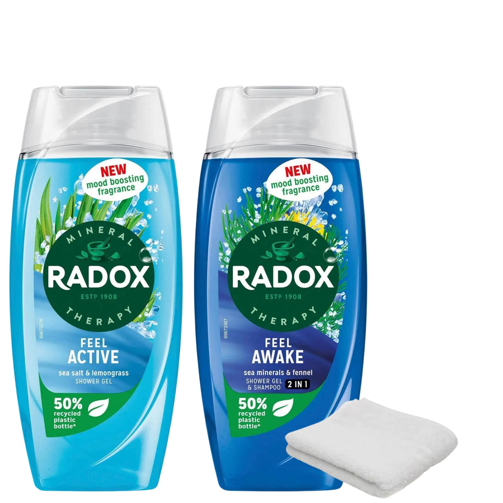Radox Shower Gel Bundle - Sea Salt & Lemongrass, Sea Minerals & Fennel - Invigorating Scents for a Refreshing Shower Experience with Wash Cloth