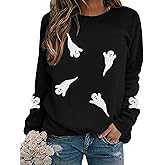 KIDDAD Halloween Boo Sweatshirts Women Ghost Sequin Pullover Tops Funny Spooky Season Long Sleeve Shirt Casual Sparkle Top