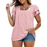 VISLILY Plus-Size-Summer-Tops for Women Petal Short Sleeve T Shirts Square Neck Tunics Flowy Pleated Blouses XL-5XL