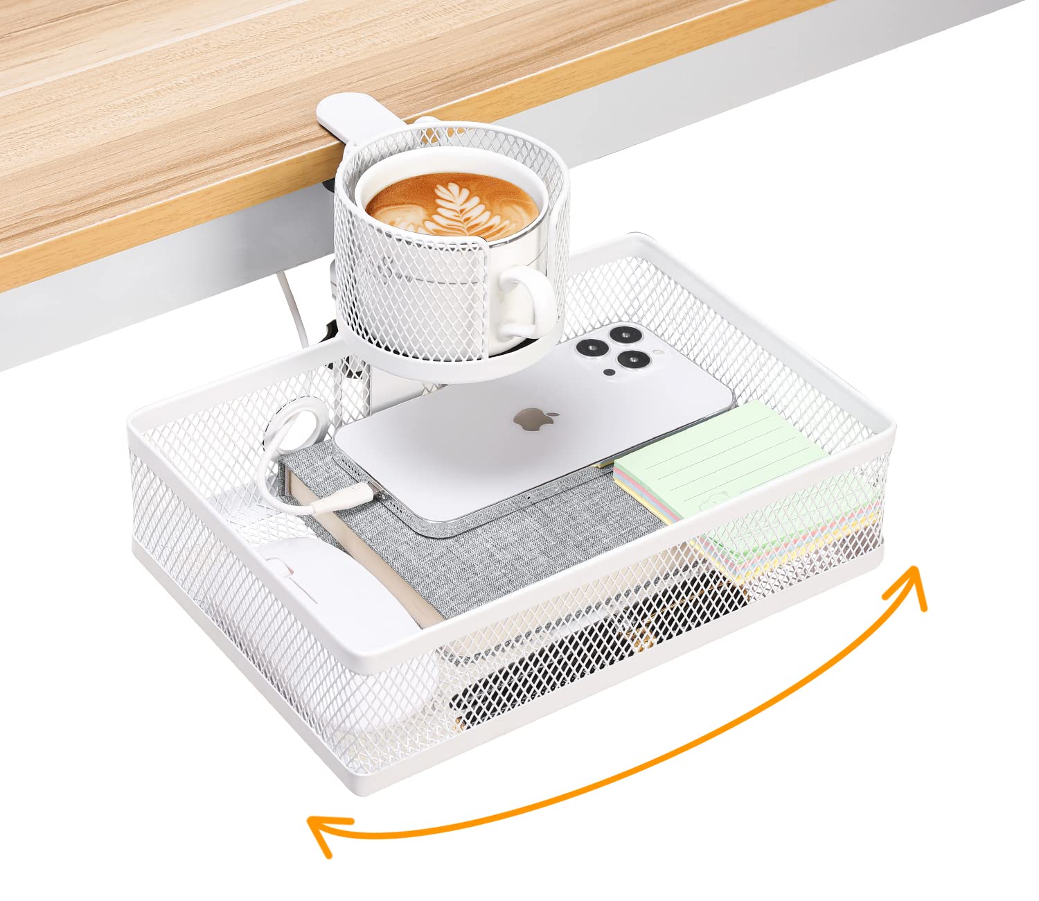 DramLan Desk Organiser with Cup Holder, 360°Rotating Hidden Under Desk Drawer,Clamp-on Style Desk Tidy Organiser, Large Capacity Under Desk Storage For Home And Office (White)