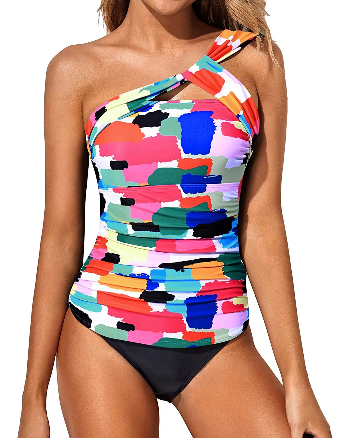 Photo 1 of Tempt Me Color Block Two Piece Tankini Bathing Suits for Women One Shoulder Swim Top with Bottom Swimsuits M