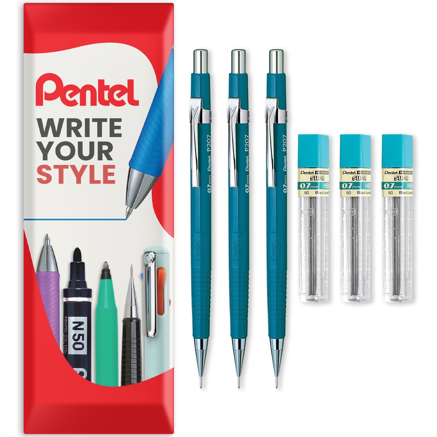 Pentel P200 Series Automatic Mechanical Pencils - HB Lead - 3 x Pencils + 3 Tubes of Refill Leads - In Envelope Gift Packaging (P207 (0.7mm))